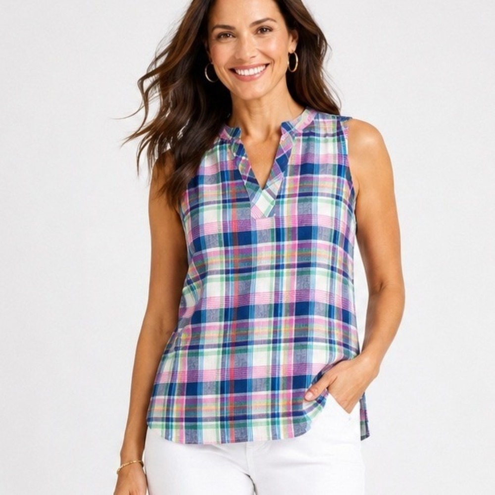 Talbots‎ Womens Medium 100% Linen Plaid Sleeveless Split V-Neck Preppy Blouse